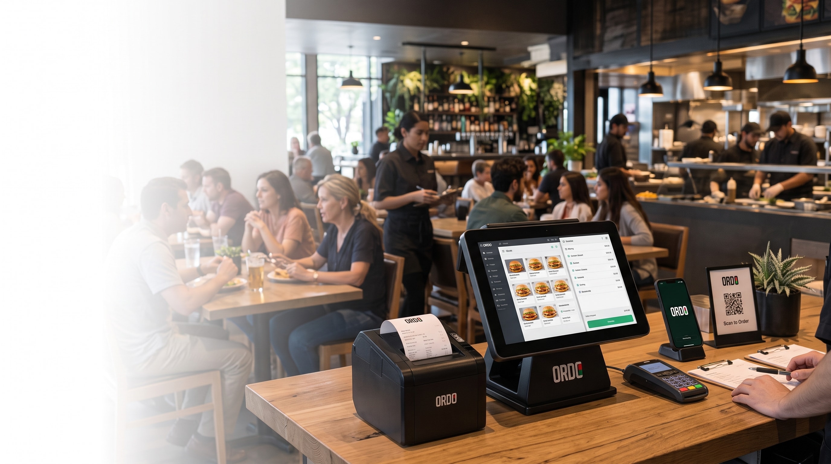 Restaurant counter running ORDO point of sale, scan-to-order stand and receipt printer